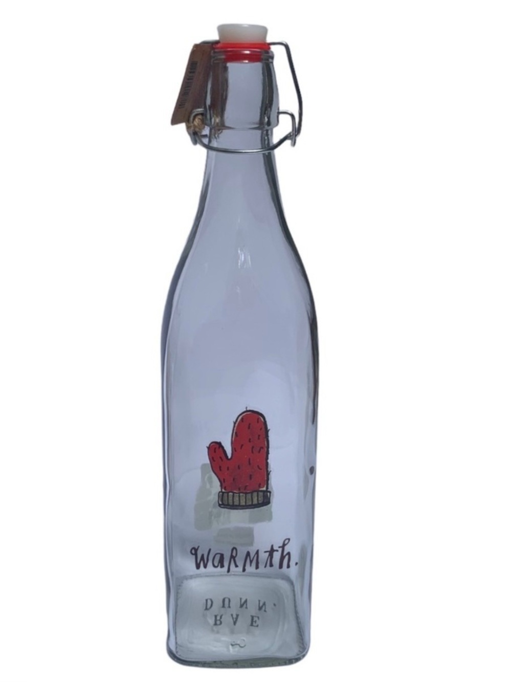 Rae Dunn WaRMth Bail & Trigger Glass Bottle Red Mitten Graphic NWT 2017